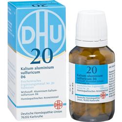 Blau-weiße Verpackung und Glasflasche mit Tabletten der Marke DHU.