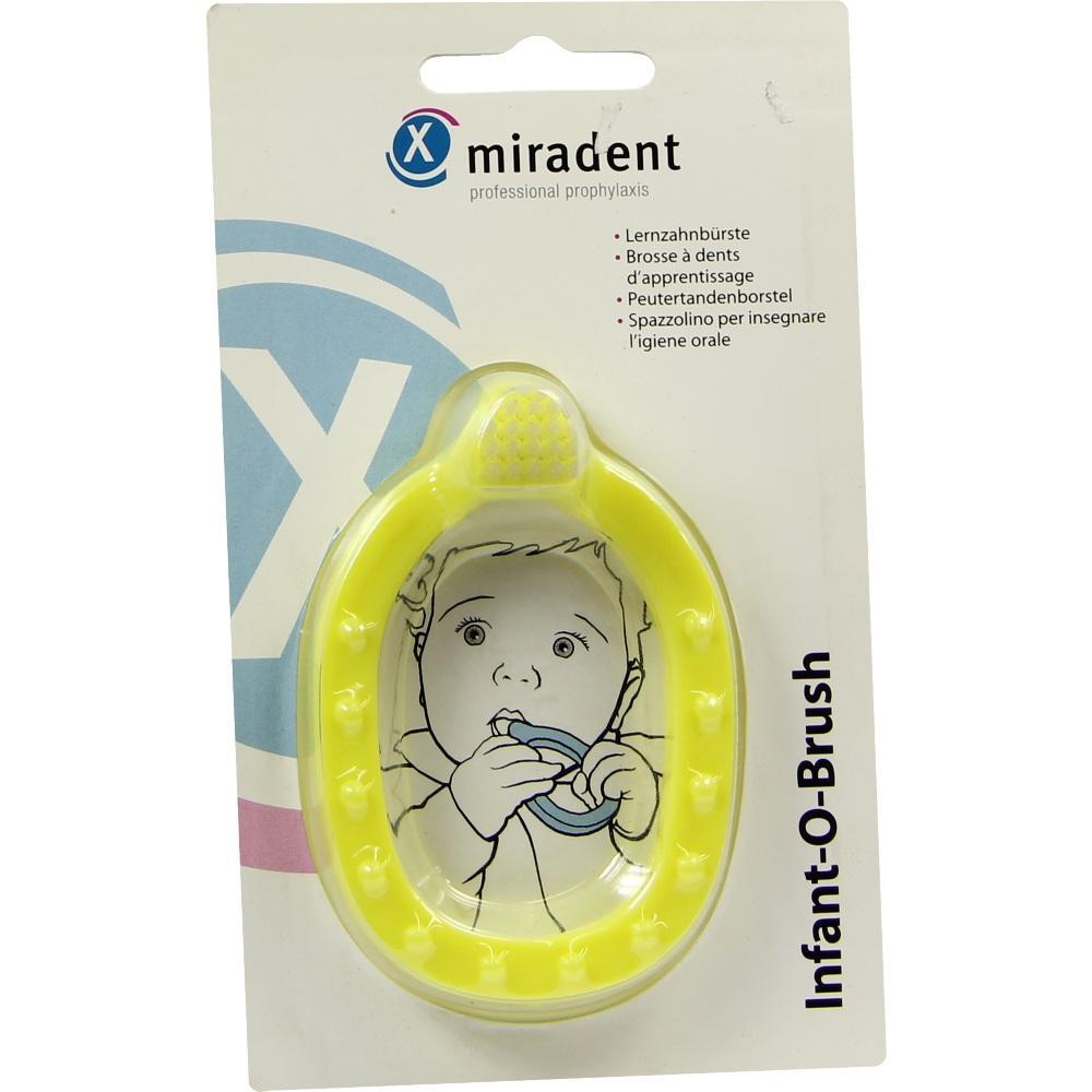Gelbe Baby-Zahnbürste in Verpackung mit Bild eines Kindes.