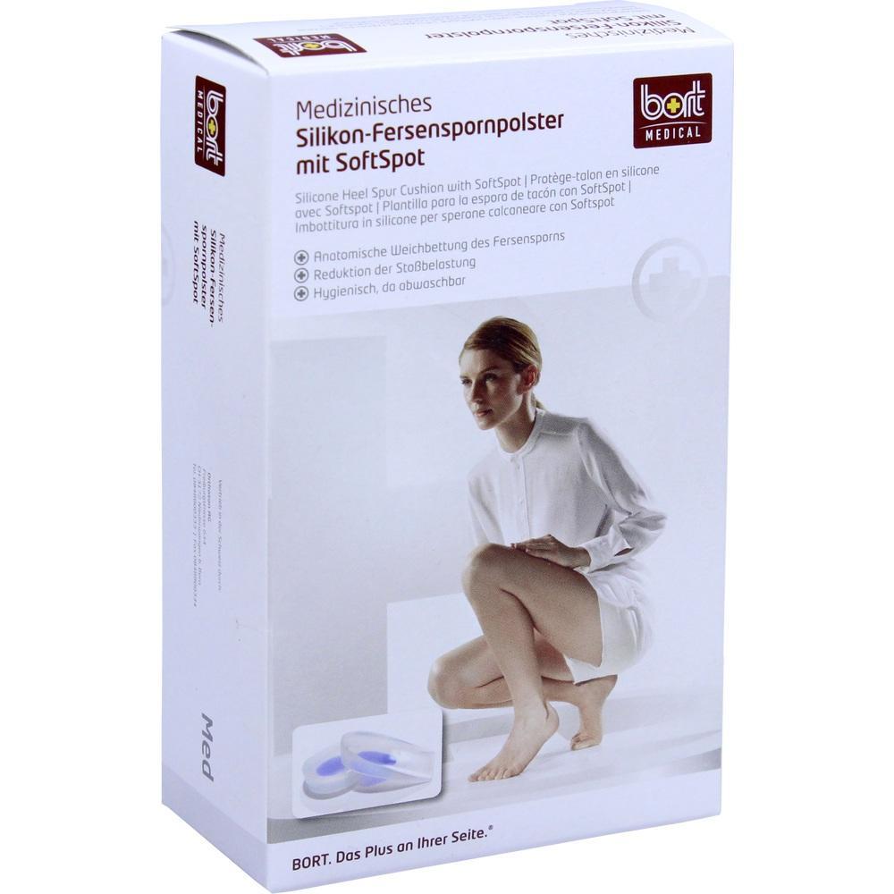 Der Karton zeigt ein medizinisches Silikon-Fersenspornpolster von Bort Medical.