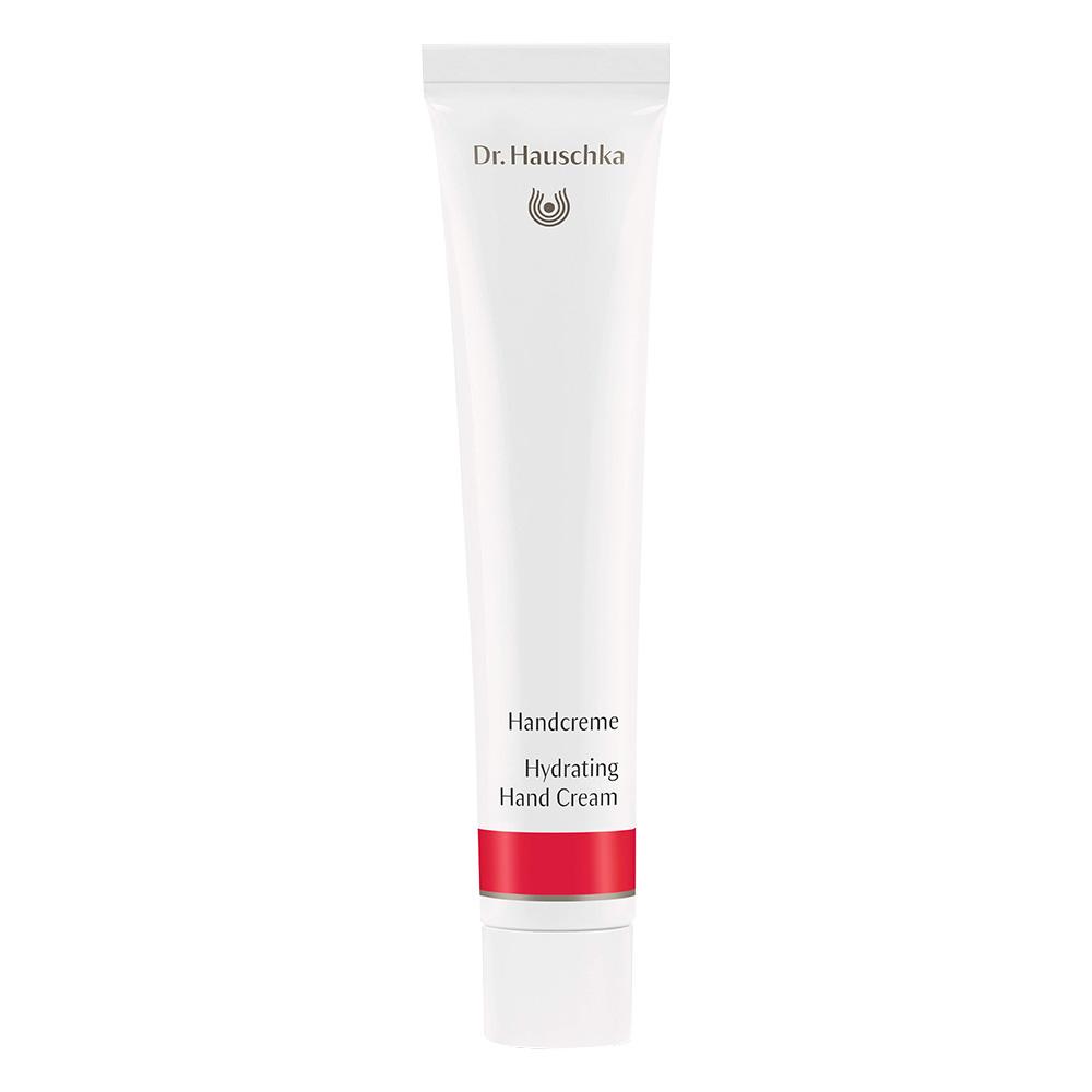 Weiße Tube Handcreme mit rotem Streifen unten.