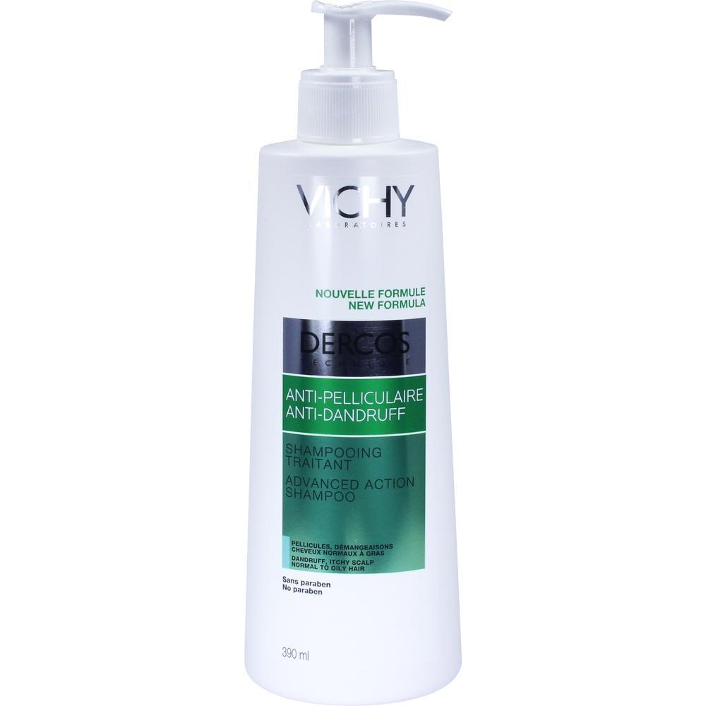 Eine weiße Flasche Anti-Schuppen-Shampoo mit grünem Etikett und Pumpspender.